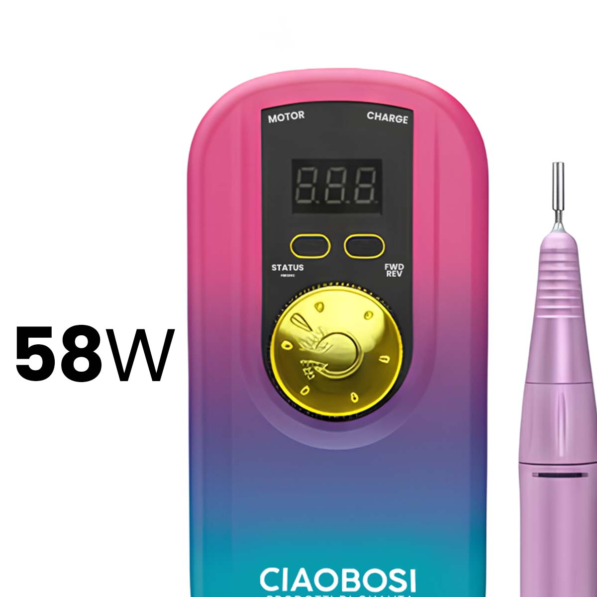 Ein pink-blaues Maniküre-Gerät mit goldener Steuerung und digitaler Anzeige.
