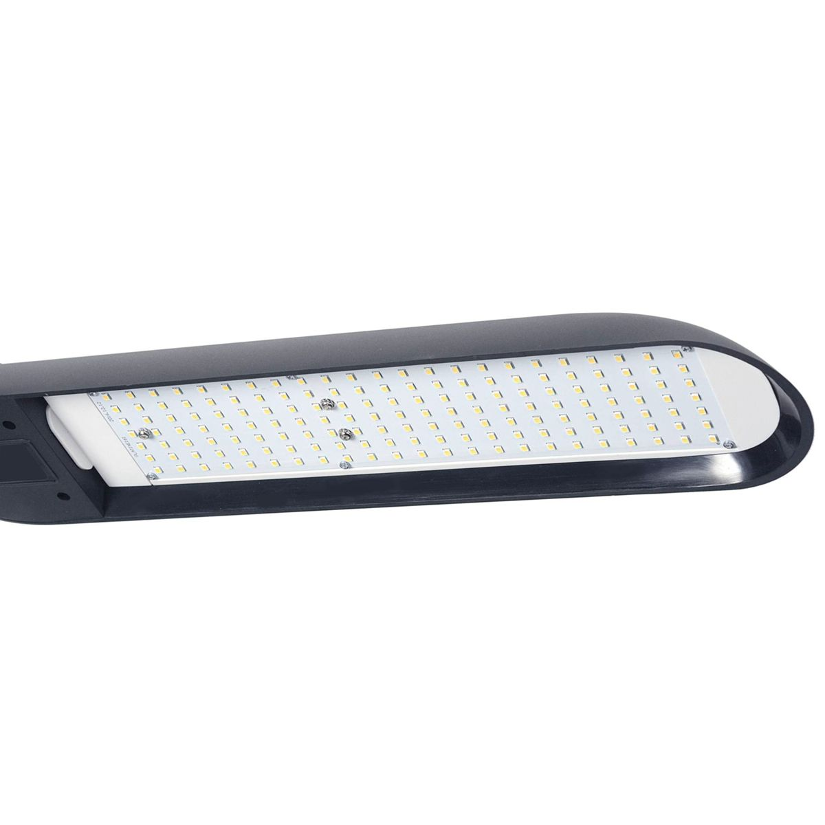 Ein dunkler, rechteckiger Laternenkopf mit vielen kleinen LEDs und einem silbernen Rand.