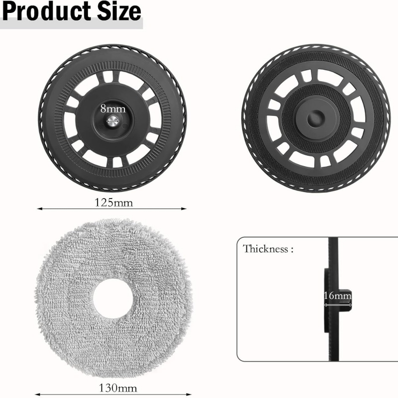 Produktgröße: schwarze Scheiben (125 mm, 8 mm Bohrung), graues Pad (130 mm), Dicke 16 mm.