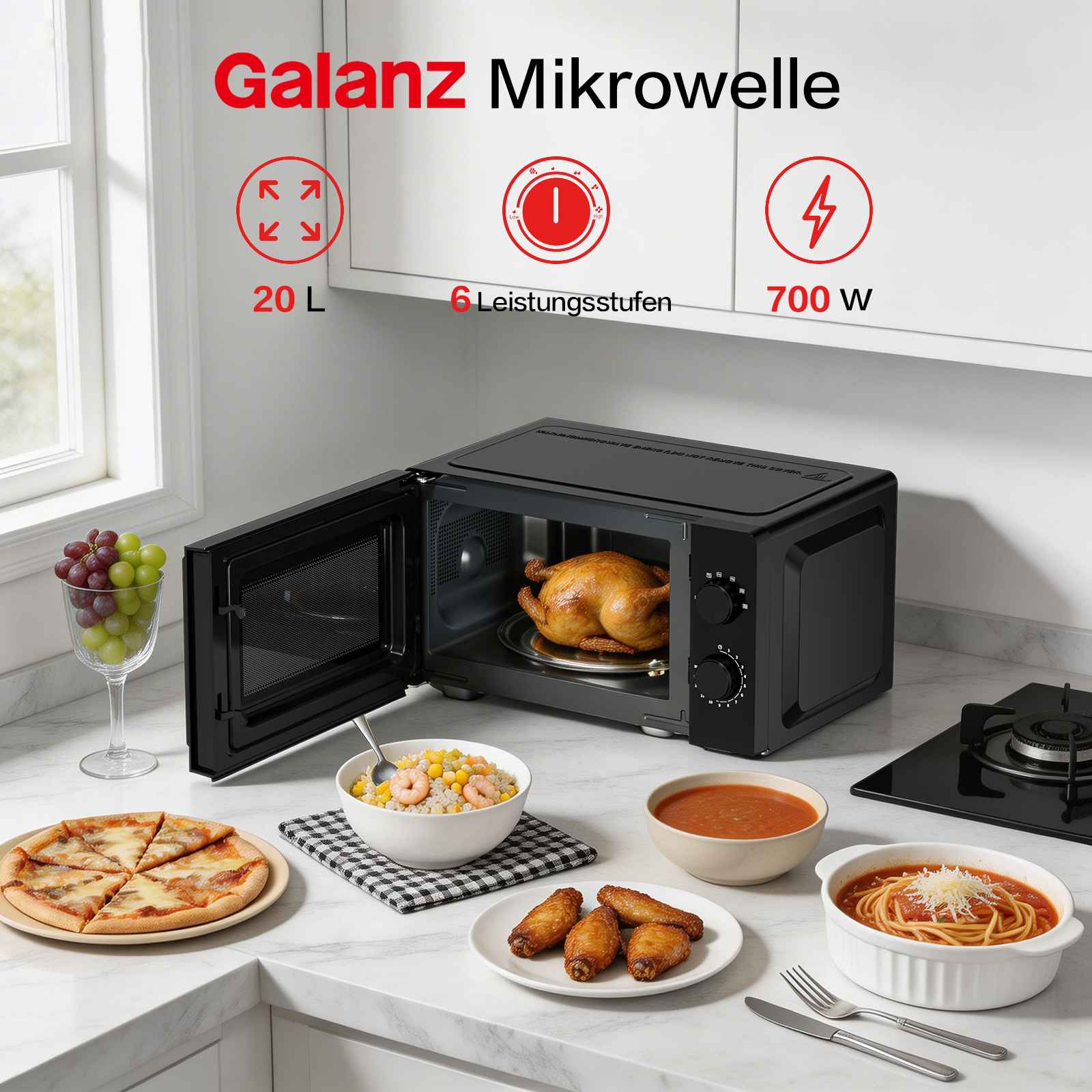 Schwarze Galanz Mikrowelle mit Huhn, Pizza, Nudeln und Garnelen.