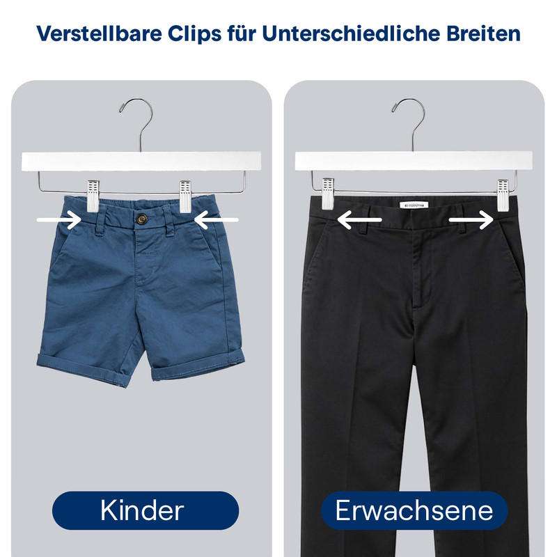 Kinder-Shorts und Erwachsenenhose an Kleiderbügeln, verstellbare Clips.
