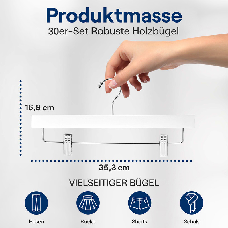 Ein weißer Kleiderbügel mit silbernem Haken und Clips. Maße 16,8 x 35,3 cm.