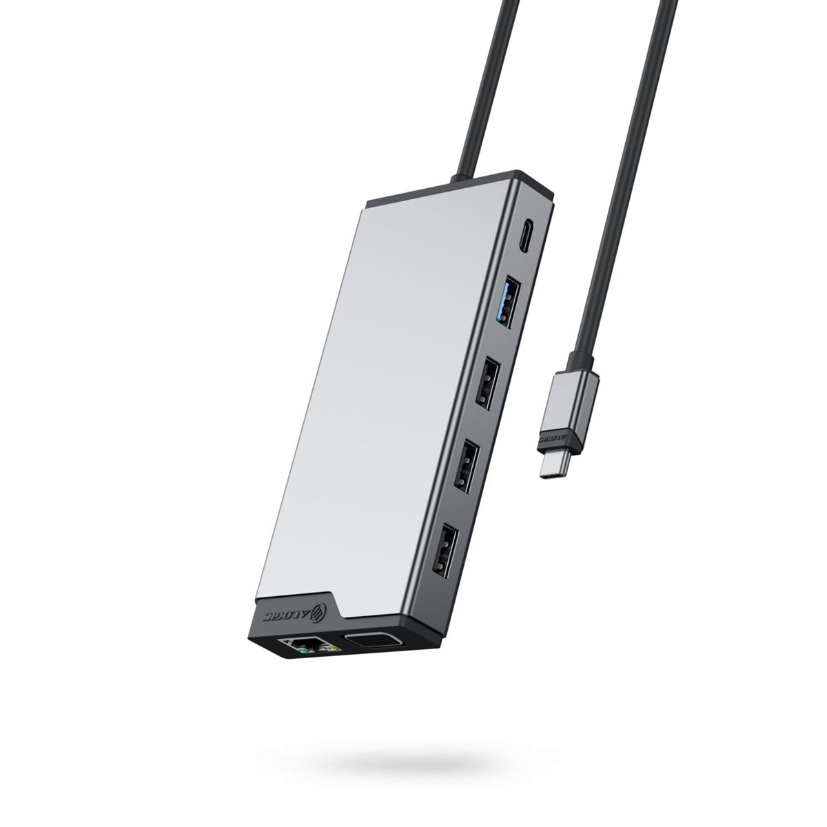 Un hub USB-C argenté et noir avec plusieurs ports, dont USB-A, HDMI et Ethernet, flottant sur un fond blanc.