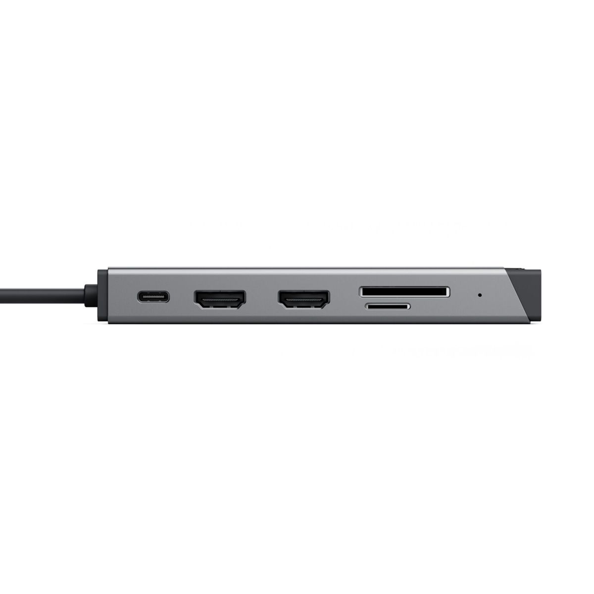 Hub USB-C gris avec ports USB-C, HDMI et carte SD, et câble noir.