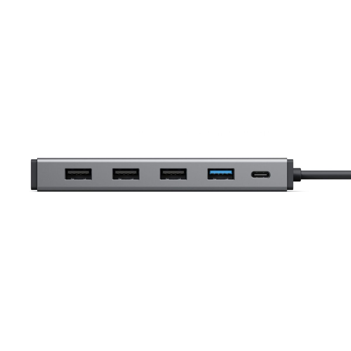Un hub USB gris avec quatre ports : trois USB-A et un USB-C.