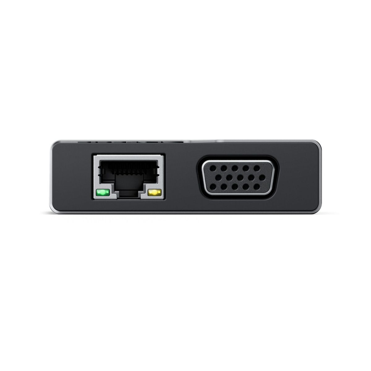 Un adaptateur noir avec un port RJ45 et un port VGA.