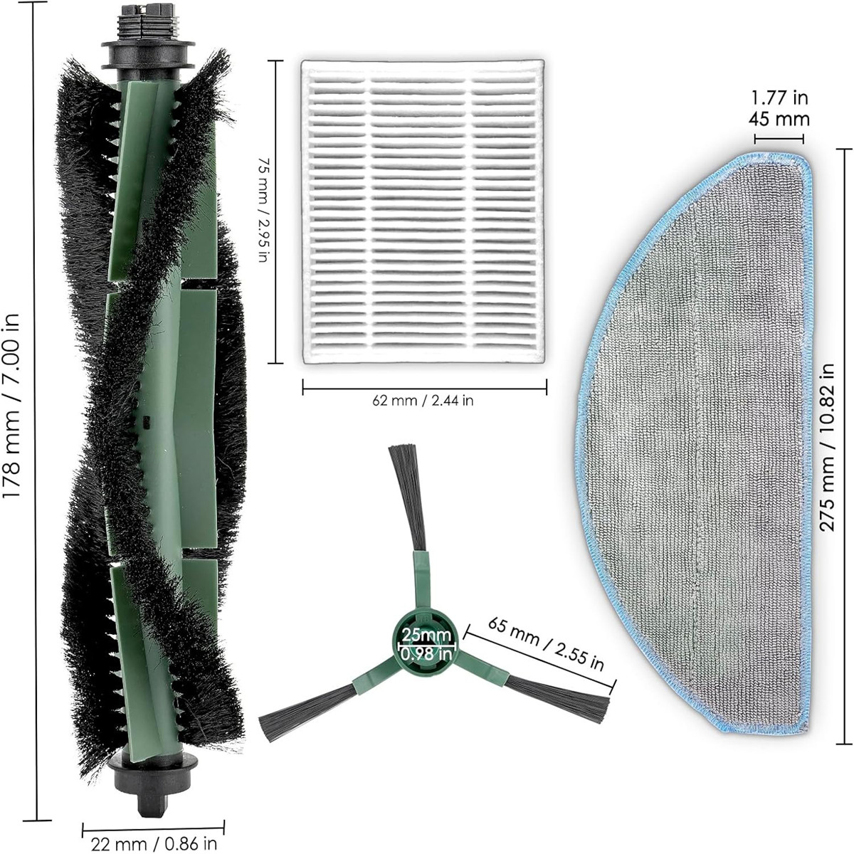 Eine Roboterstaubsaugerbürste, Filter und Mopp-Pad mit Maßen in Millimetern und Zoll.