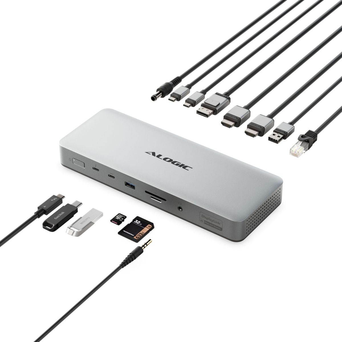 Eine silberne ALOGIC Dockingstation ist von verschiedenen Kabeln, Adaptern und Speicherkarten auf weißem Hintergrund umgeben.
