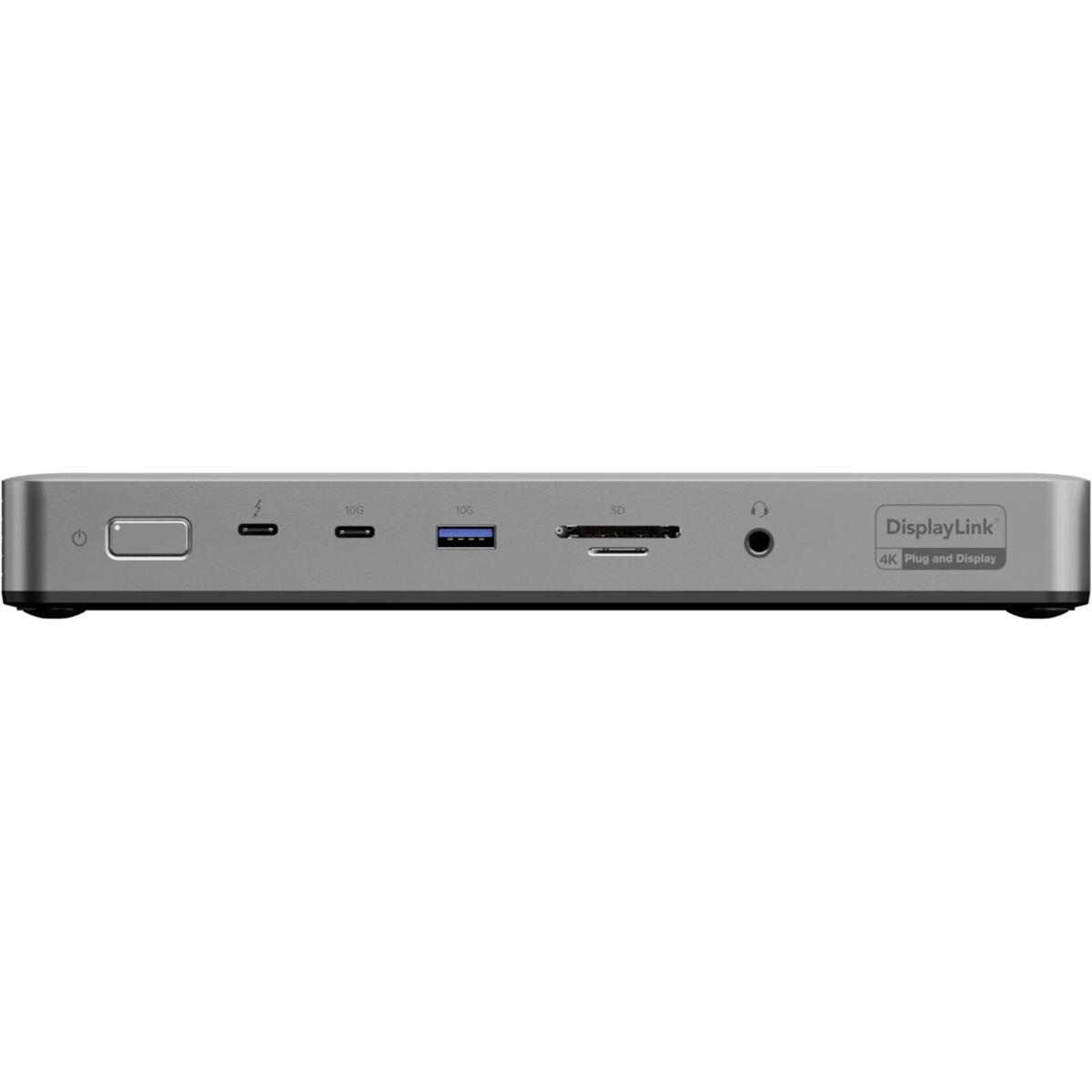 Silbernes Dock mit Anschlüssen: Strom, Thunderbolt, 2x USB-C, SD-Karte, Audiobuchse, DisplayLink-Logo.