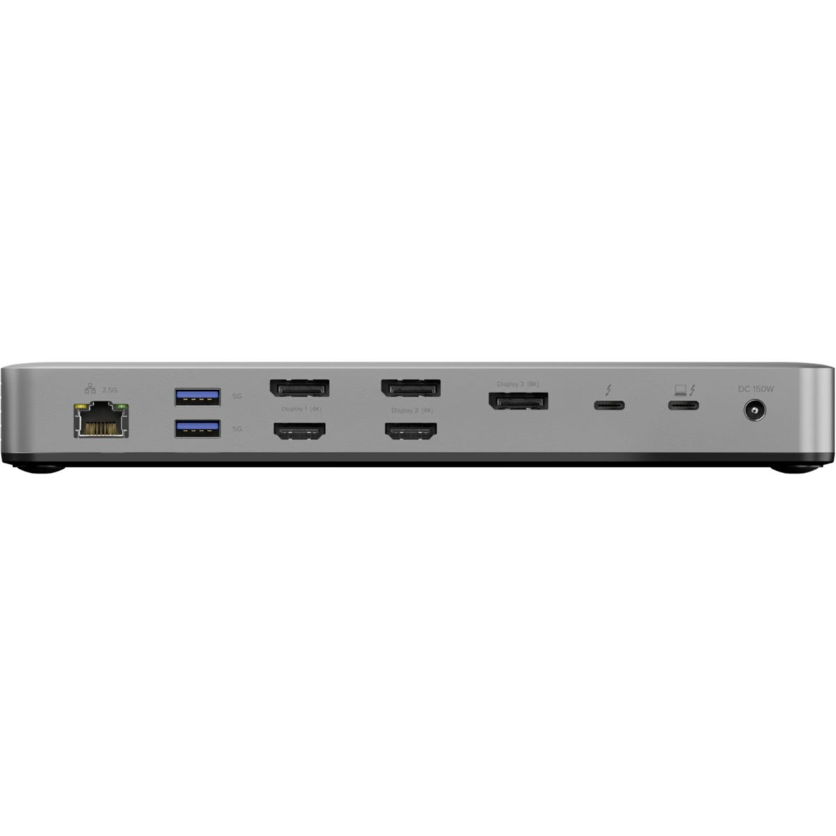 Silberne Dockingstation mit Ethernet-, USB-, HDMI-, Thunderbolt- und DC 150W-Anschlüssen.
