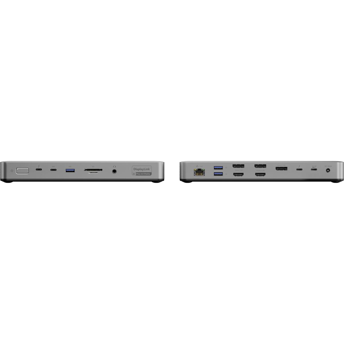 Vorder- und Rückansicht einer grauen DisplayLink Dockingstation mit mehreren Anschlüssen, darunter USB, HDMI und Ethernet.
