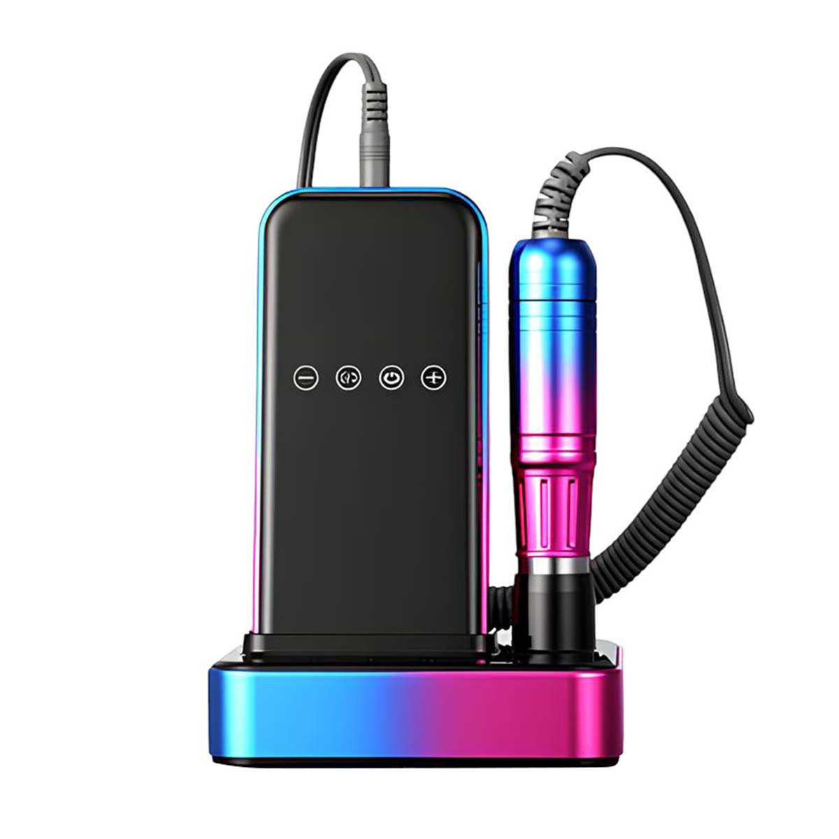 Ein schwarzer elektrischer Nagelbohrer mit pink-blauem Farbverlauf Sockel und Handstück.