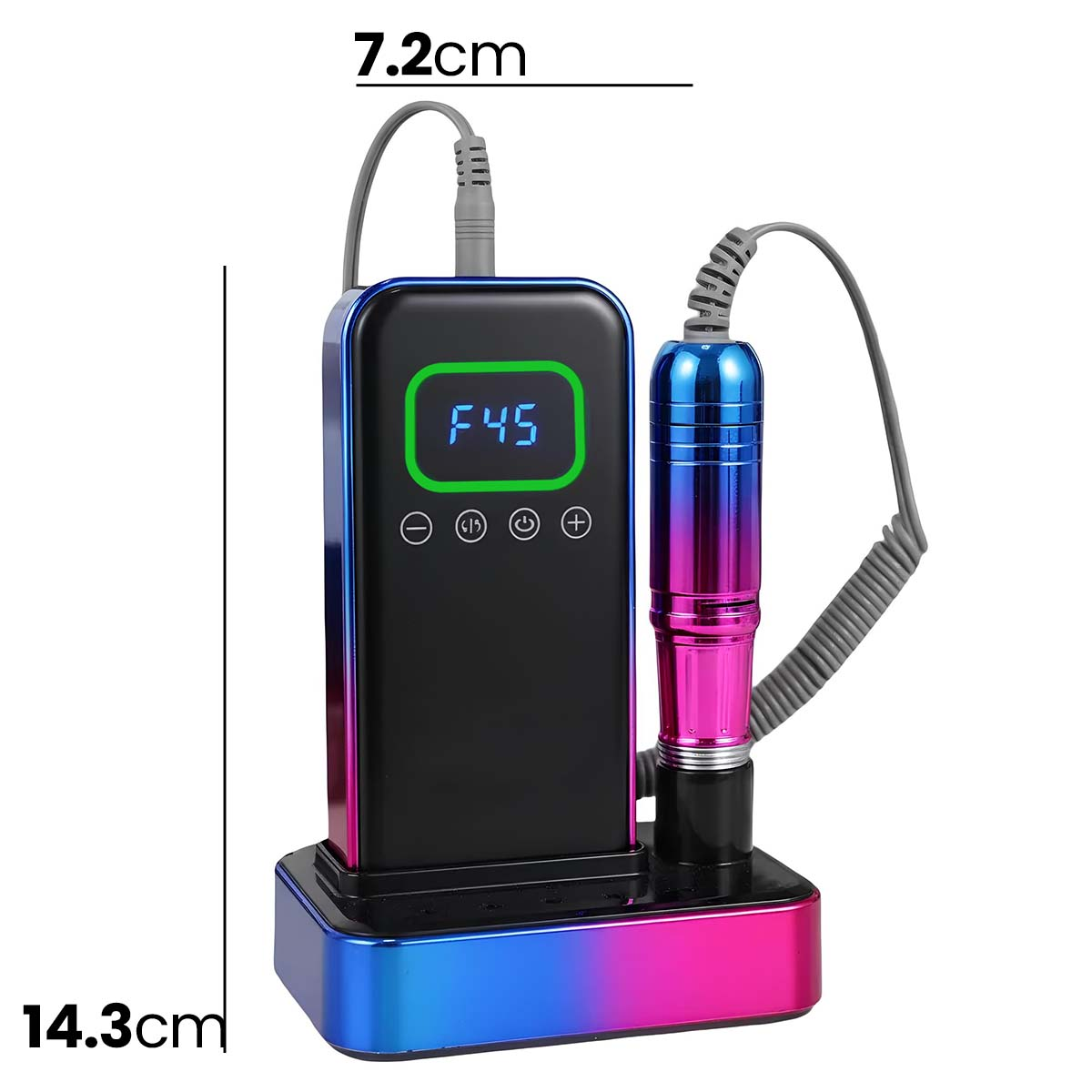 Ein blau-pinker Nagelfräser mit digitaler Anzeige und Handstück auf einem Ständer.