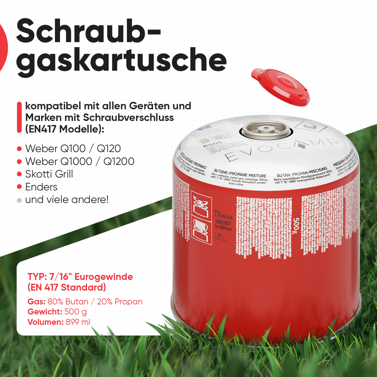 Eine rote Gaskartusche mit 500g Butan/Propan-Mischung und Schraubanschluss.