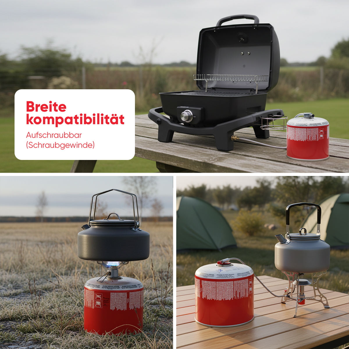 Collage von Camping-Kochutensilien: Grill, Kessel auf Herd, Kessel auf Ständer.