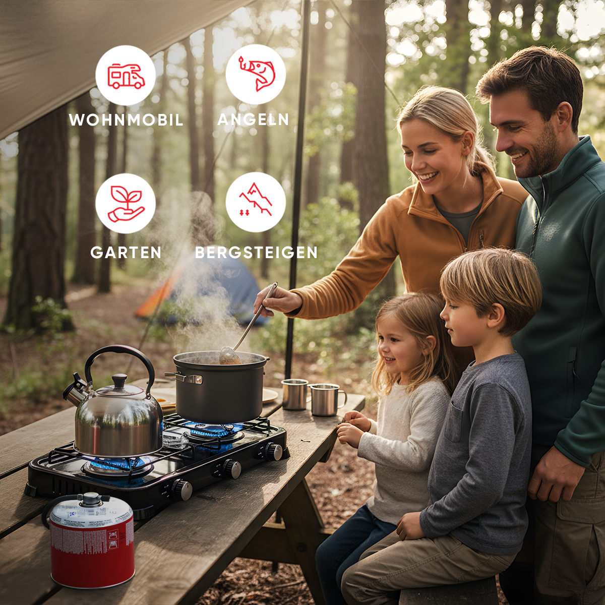 Familie kocht im Freien auf einem Campingkocher. Symbole zeigen Wohnmobil, Angeln, Garten, Bergsteigen.