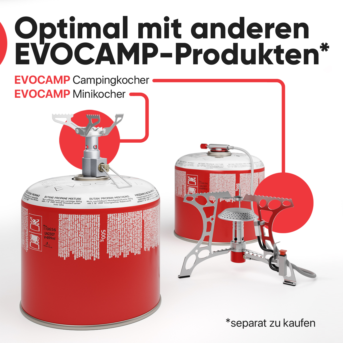 Zwei EVOCAMP Campingkocher und eine rote Gaskartusche auf weißem Hintergrund.
