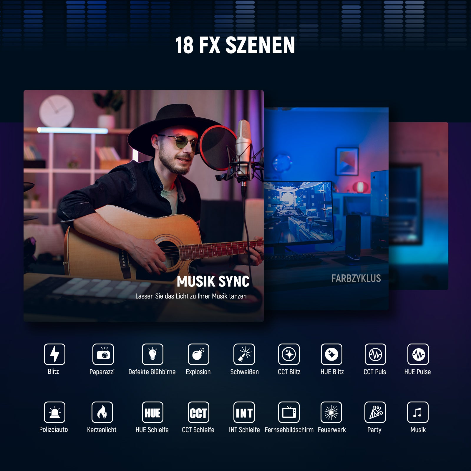 Ein Mann mit schwarzem Hut und Sonnenbrille spielt Akustikgitarre in ein Mikrofon, mit verschiedenen Lichteffekten darunter.