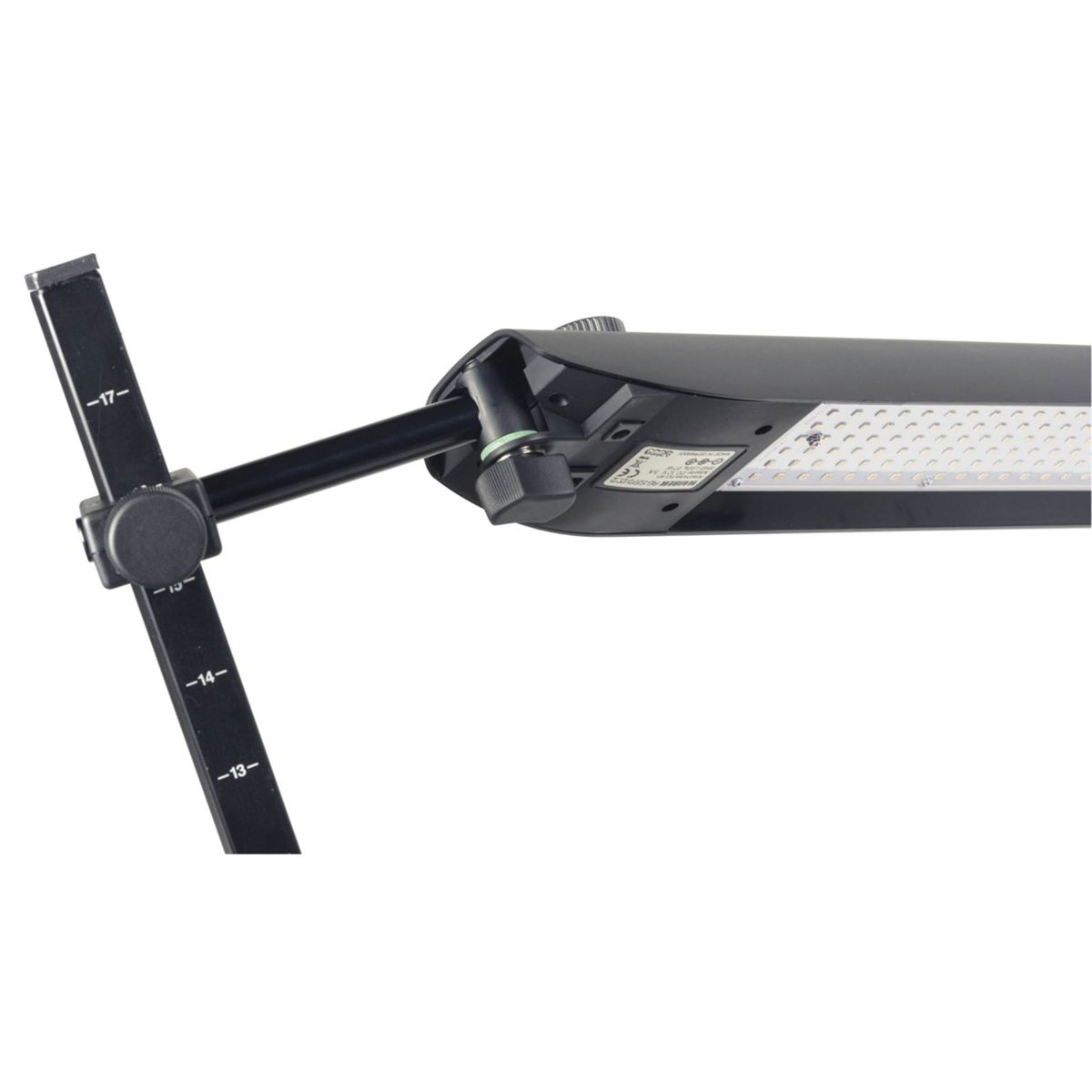 Ein schwarzer Studio-Arm mit Markierungen und einer LED-Leiste.