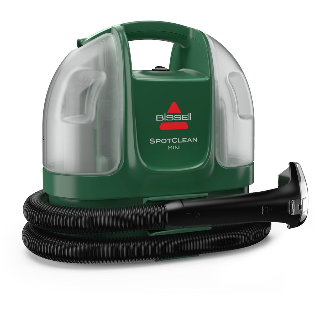 Ein grüner Bissell SpotClean Mini Teppichreiniger mit Schlauch und Aufsatz.