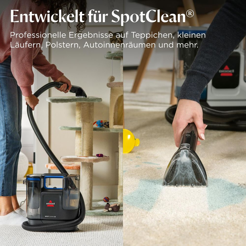 Zwei Szenen zeigen die Reinigung mit einem SpotClean Gerät.