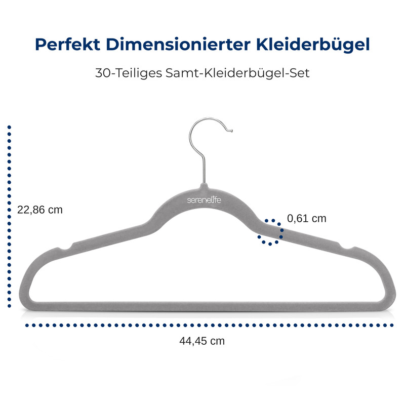 Grauer Samtkleiderbügel mit Maßen 44,45 cm breit, 22,86 cm hoch.