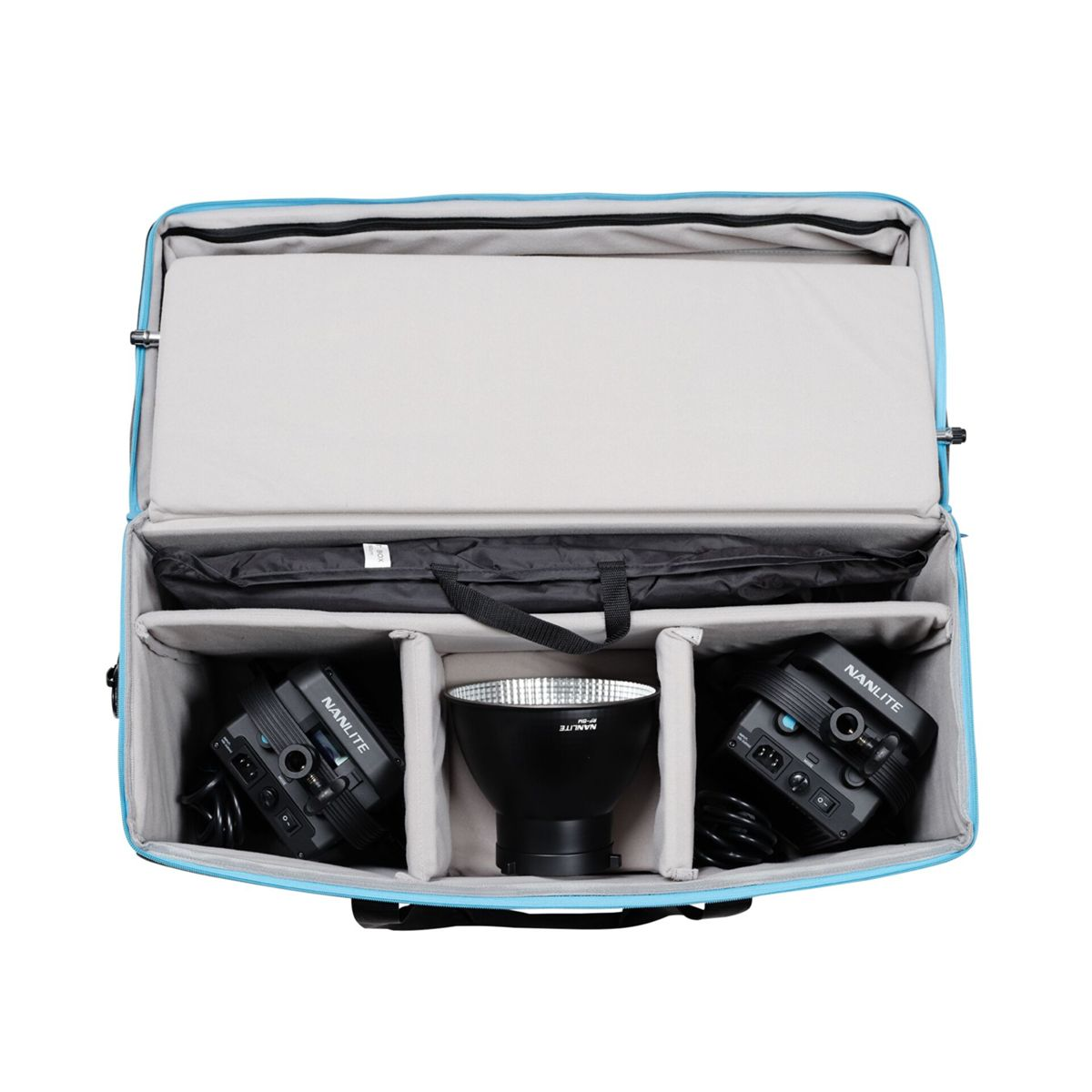 Eine hellblaue Tasche mit drei Fächern, die zwei Nanlite-Leuchten und einen Reflektor enthält.