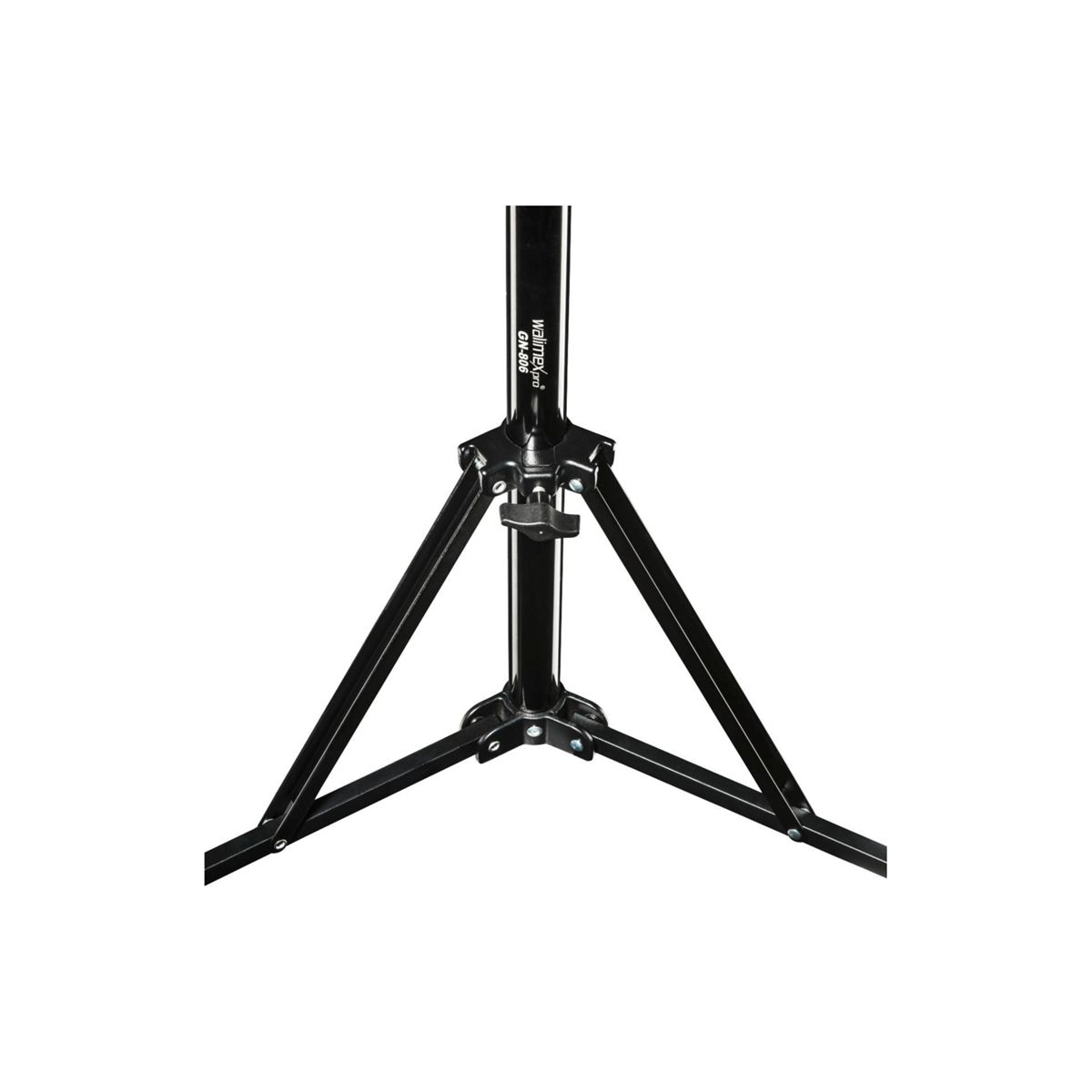Un treppiede nero Walimex Pro GH-006 con tre gambe estese, su sfondo bianco, visto da un'angolazione bassa.