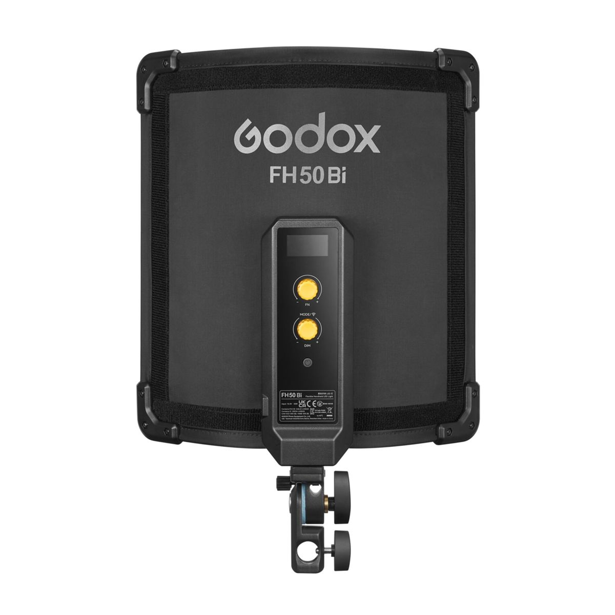 Godox FH50 Bi Leuchte mit schwarzem Diffusor und Bedienelementen.