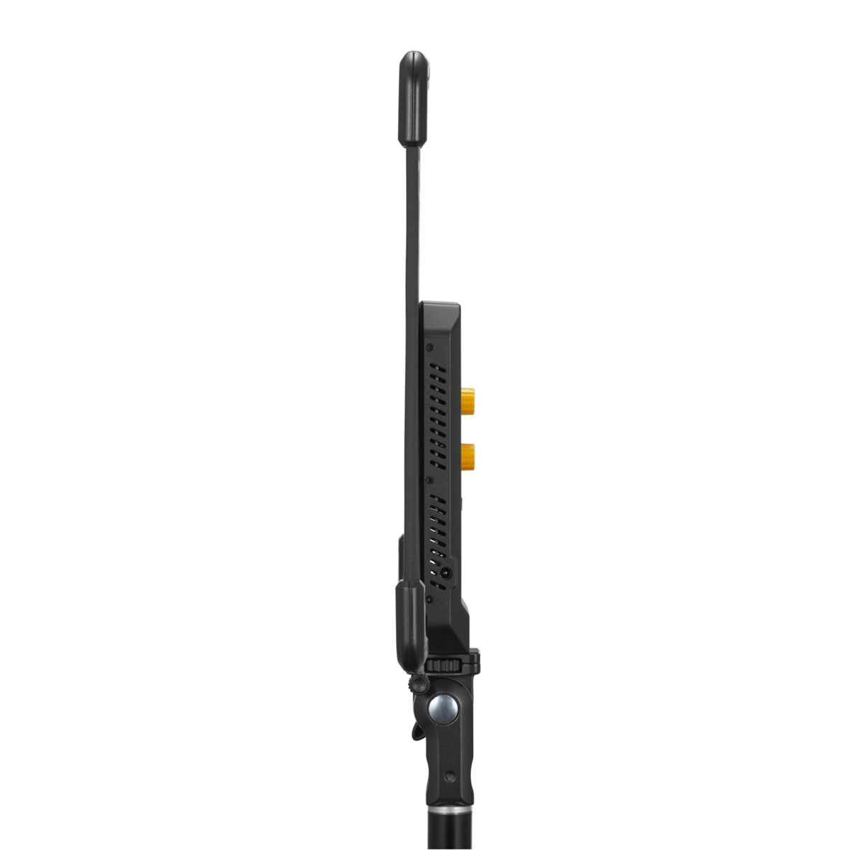 Ein schwarzes LED-Licht mit Antenne und gelben Knöpfen, seitenansicht.