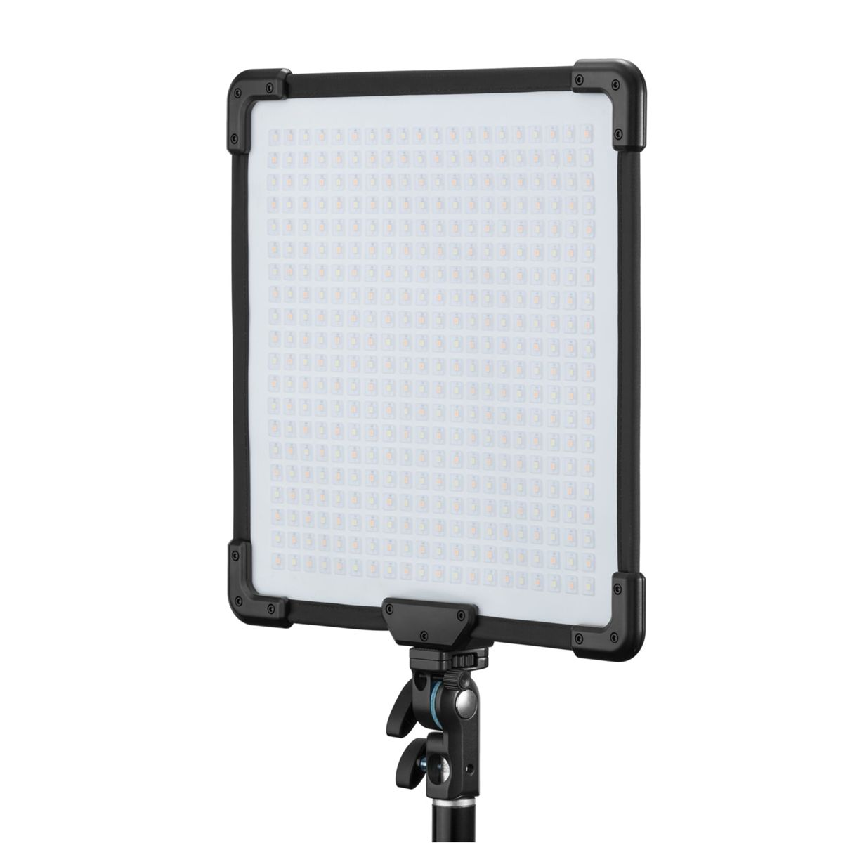 Ein rechteckiges LED-Panel-Licht mit schwarzem Rahmen, auf einem Ständer montiert.