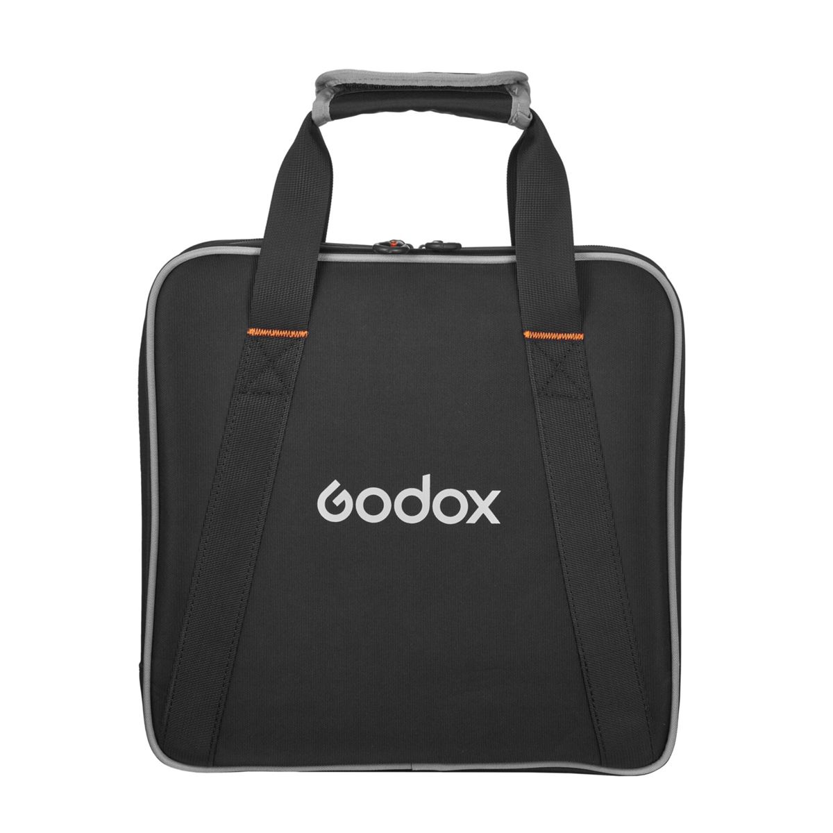 Schwarze Tasche mit "Godox"-Logo, grauen Griffen und silbernen Akzenten.
