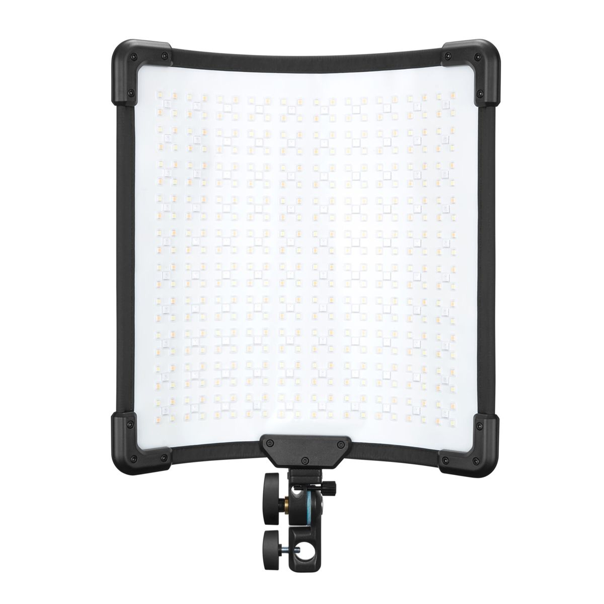 Ein weißes, rechteckiges LED-Panel mit schwarzem Rahmen und Befestigung.