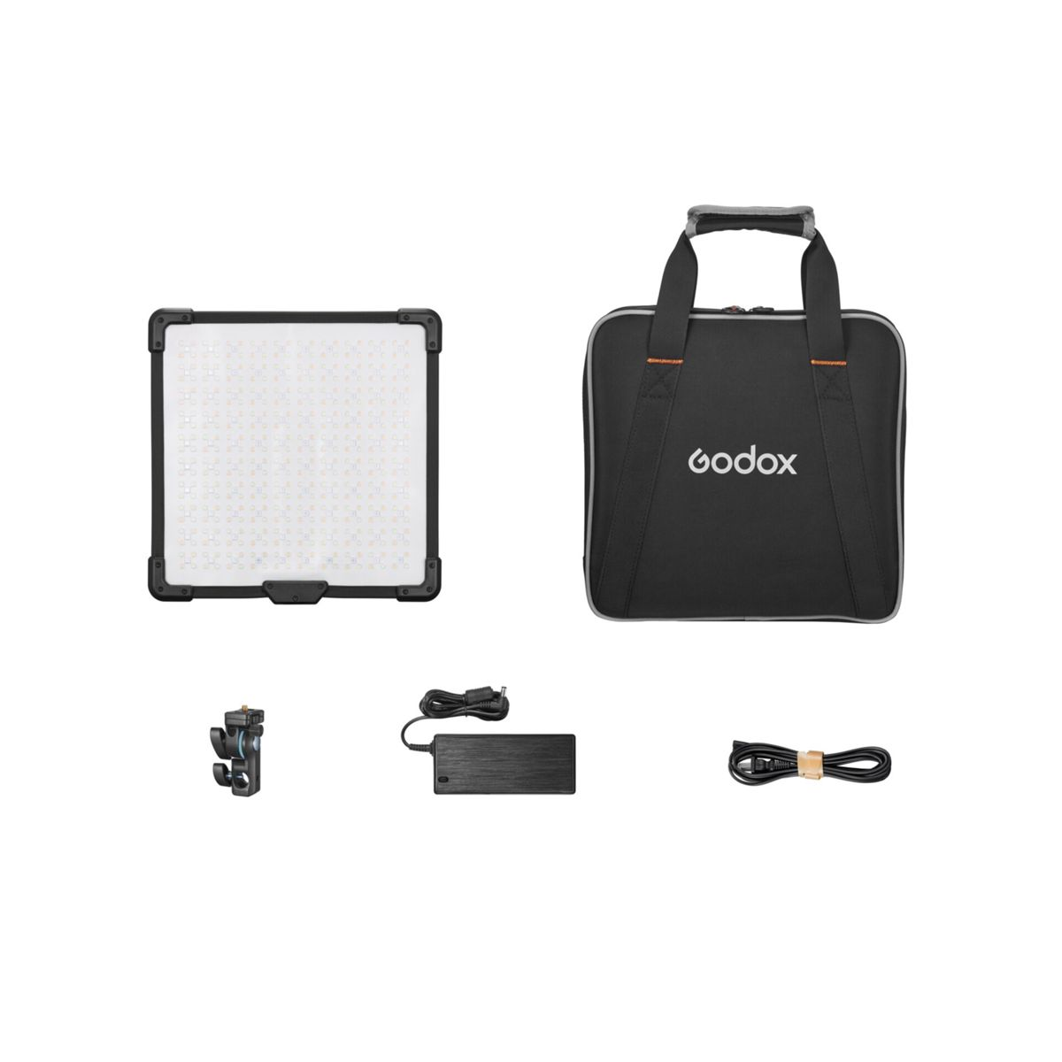 Ein LED-Panel, eine Tasche, ein Halter und zwei Netzkabel auf weißem Hintergrund.
