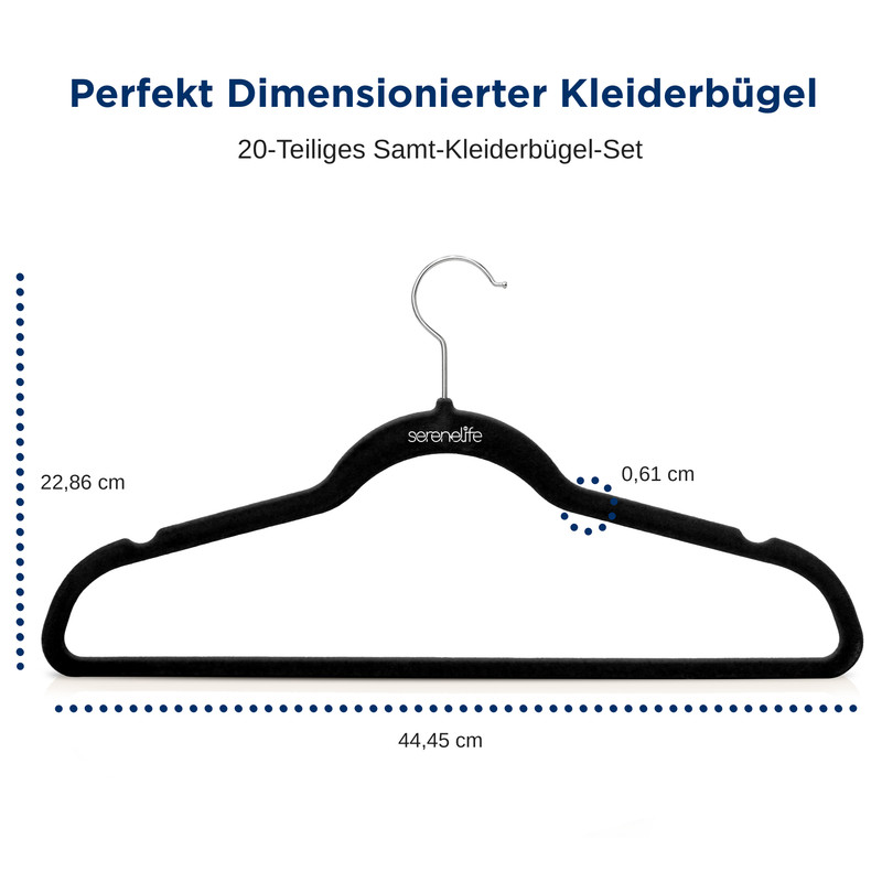 Ein schwarzer Samtkleiderbügel mit Maßen 44,45 cm Breite und 22,86 cm Höhe.