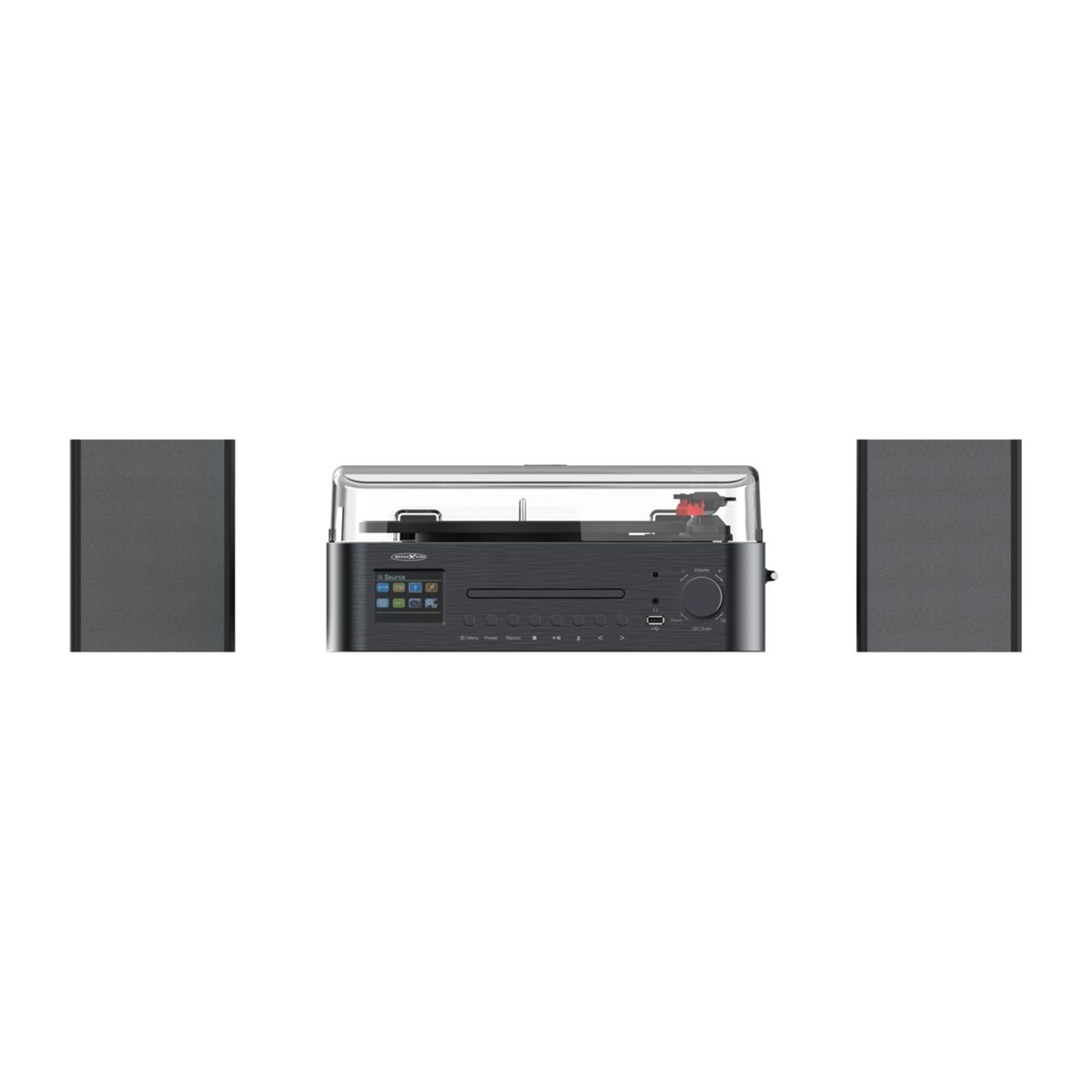 Ein Plattenspieler mit CD-Player und zwei Lautsprechern.