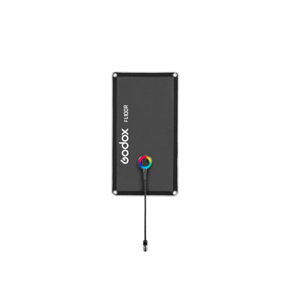 Ein schwarzes Godox FL100R Stofflichtpanel mit rundem Steuermodul und Kabel.
