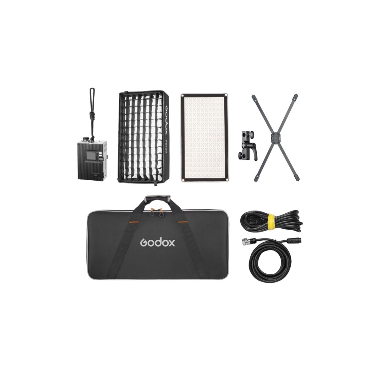Ein Godox-Kit mit Tragetasche, Blitz, Lichtformer, Kabel und Ständerhalterung.
