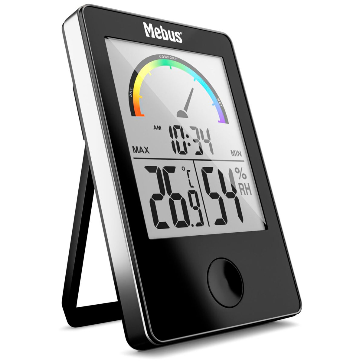 Digitales Thermometer zeigt 26,9°C und 54% RH an. Die Zeit ist 10:34 Uhr.