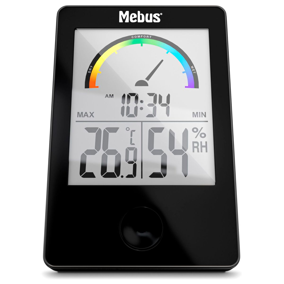 Ein schwarzer Mebus-Thermo-Hygrometer zeigt 26,9 C, 54% RH und 10:34 Uhr an.