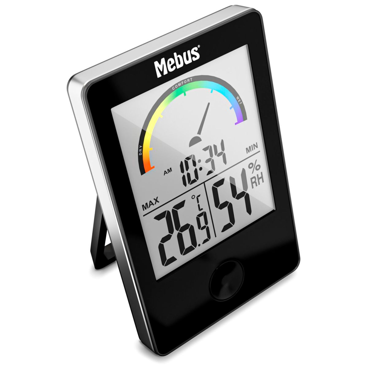 Digitales Hygrometer mit Mebus-Logo, zeigt Zeit, Temperatur und Luftfeuchtigkeit an.