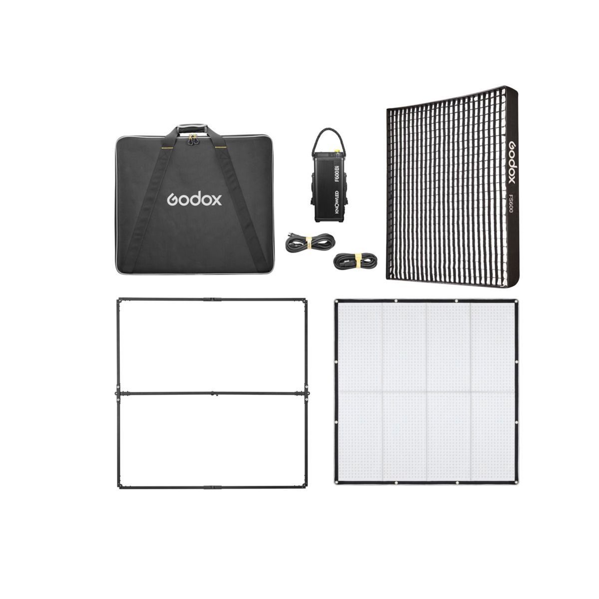 Godox Beleuchtungsset: Tasche, Controller, Kabel, Rahmen und LED-Panel. Studioausrüstung.