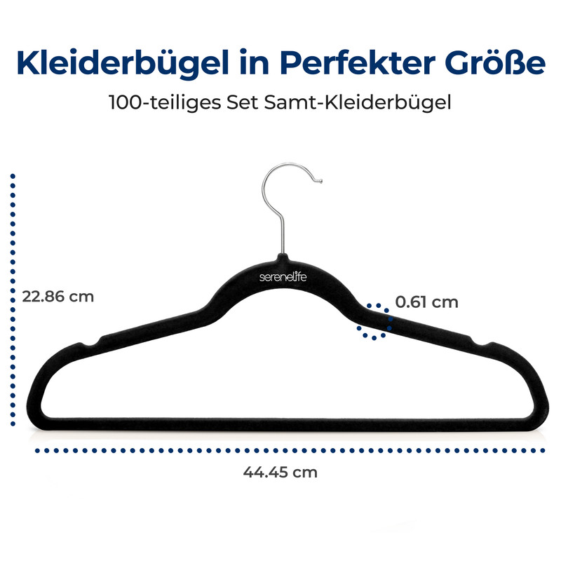 Ein schwarzer Samtkleiderbügel mit Maßen 44,45 cm Breite, 22,86 cm Höhe, 0,61 cm Dicke.