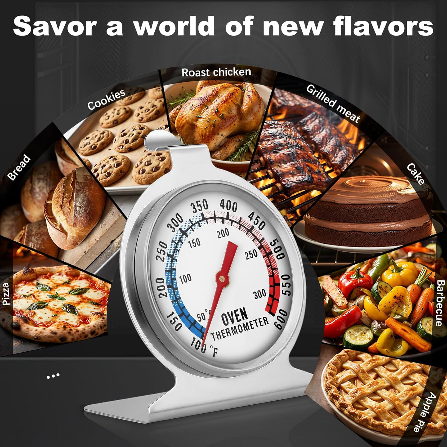 Ofenthermometer mit Bildern von Brot, Keksen, Braten, Fleisch, Kuchen, Grillgemüse und Apfelkuchen.