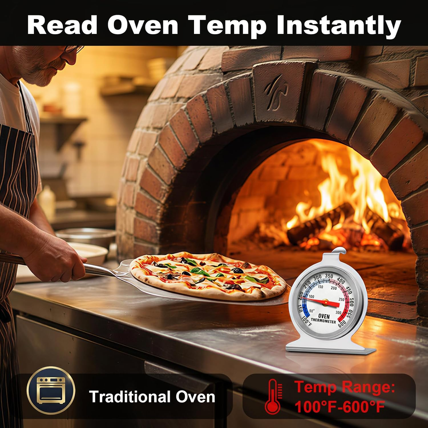 Mann nimmt Pizza aus traditionellem Ofen, Ofenthermometer daneben bei 450°F.
