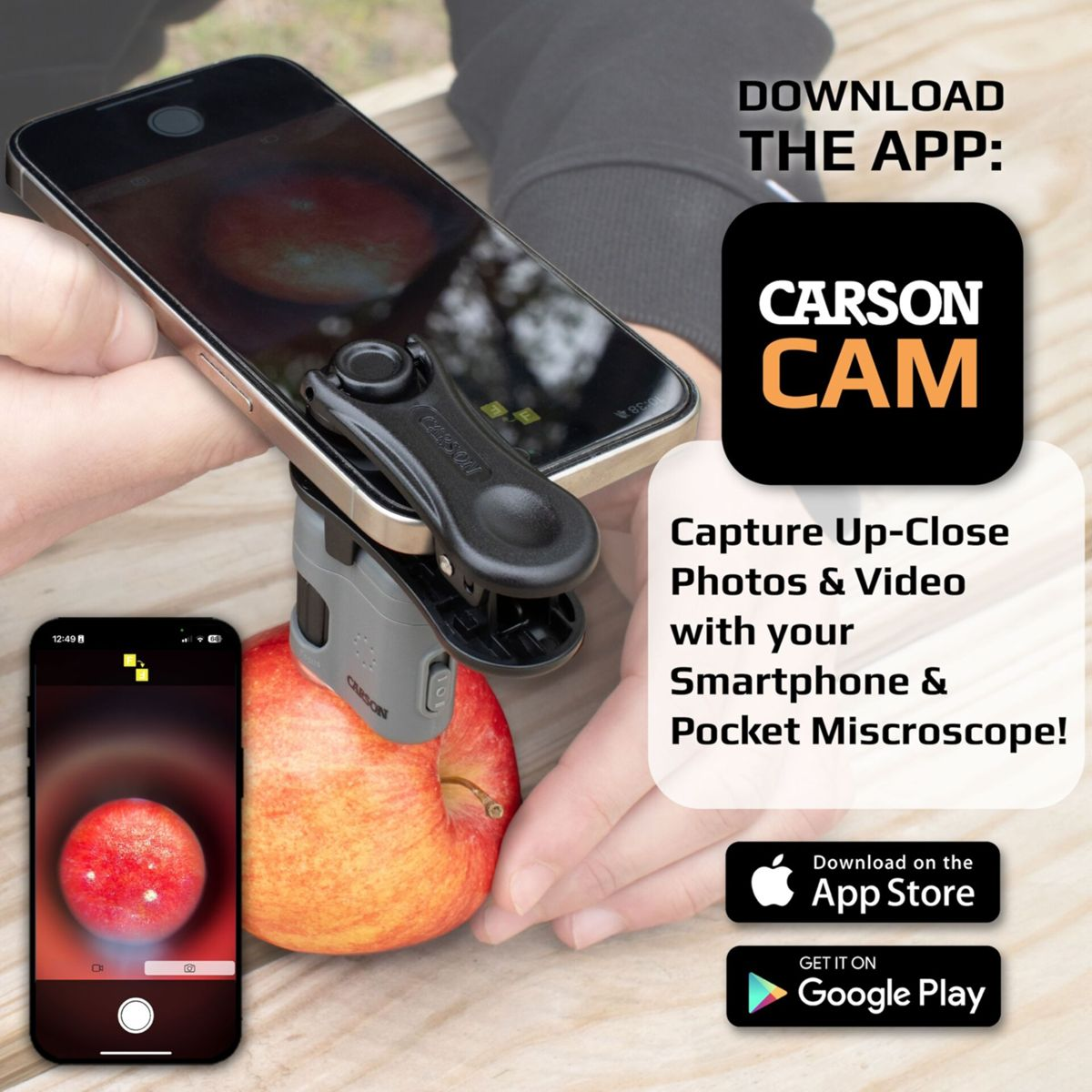 Smartphone mit Mikroskop-Aufsatz auf einem Apfel, App-Download-Info.