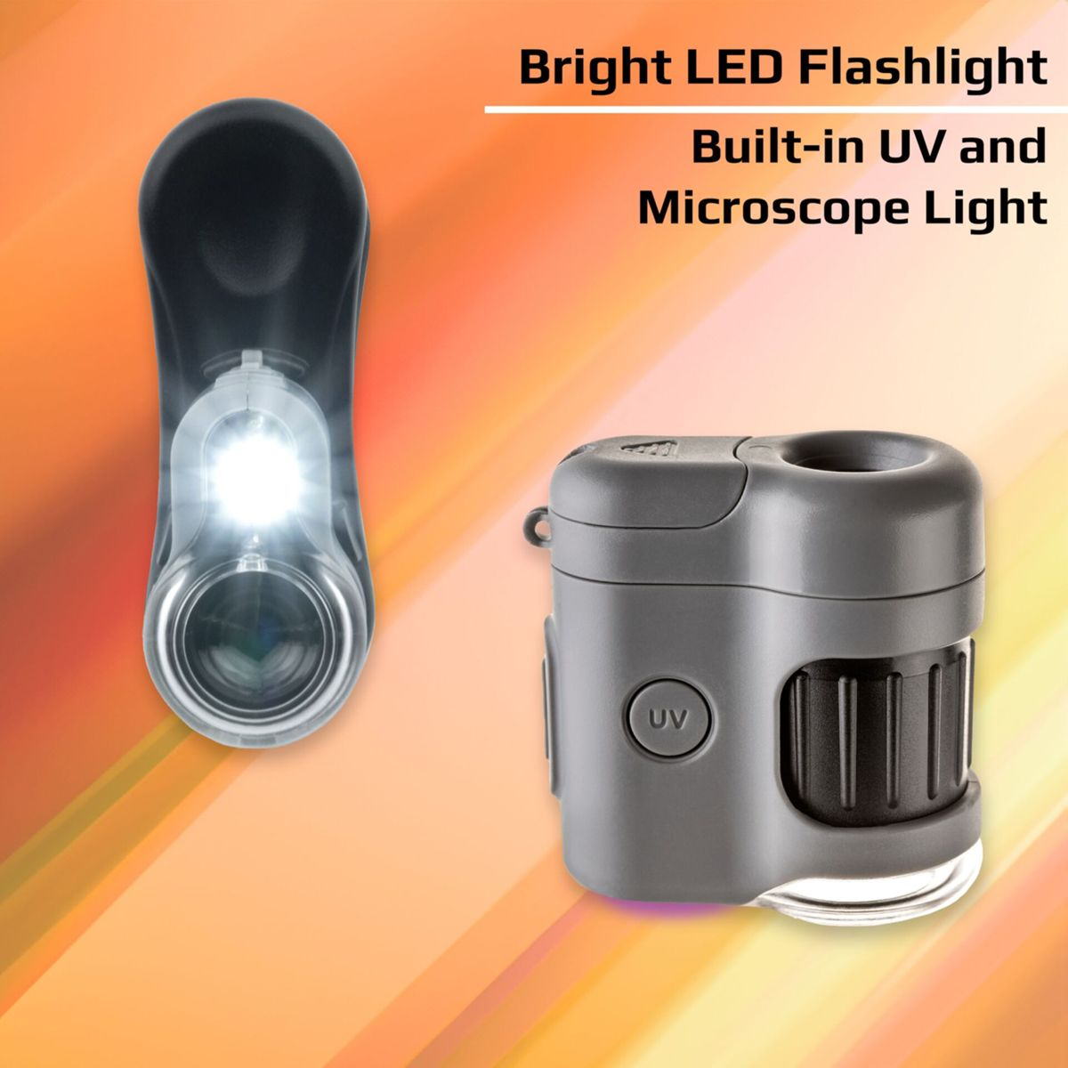 Ein heller LED-Strahler und ein graues Mikroskop mit UV-Licht.