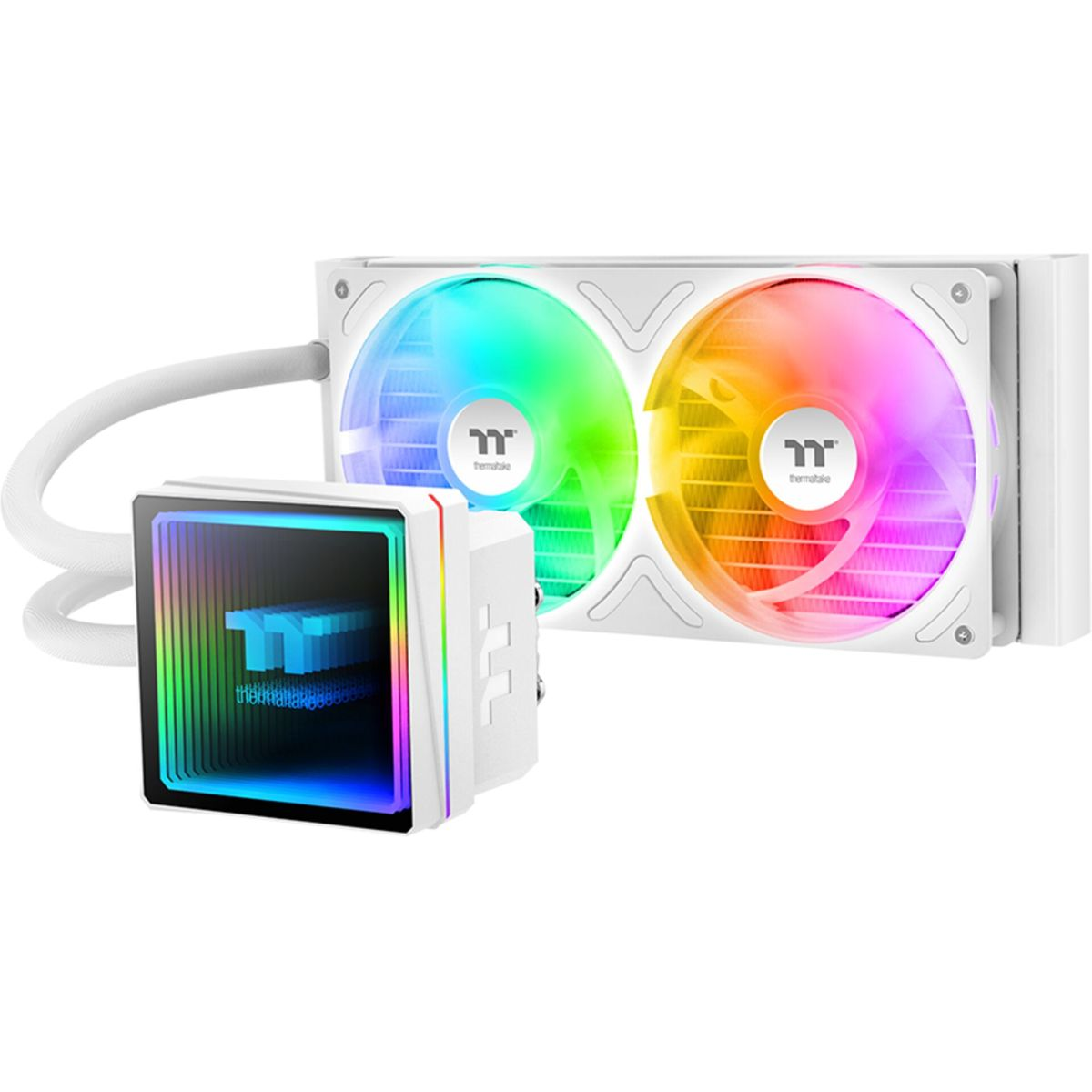 Ein weißer CPU-Kühler mit zwei RGB-Lüftern und einem beleuchteten Pumpengehäuse.