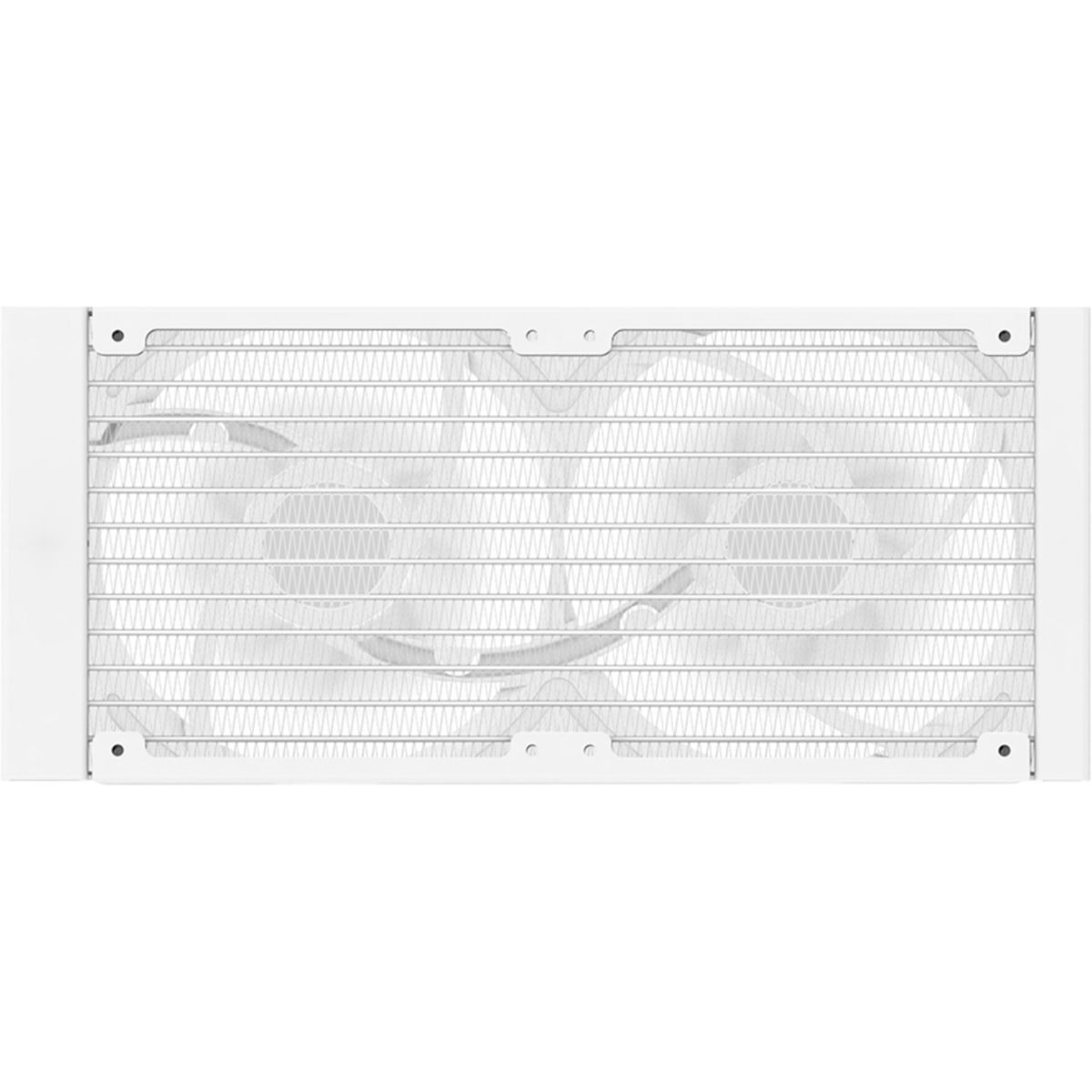 Ein weißer Radiator mit zwei Lüftern, bedeckt mit einem feinen Gitter.