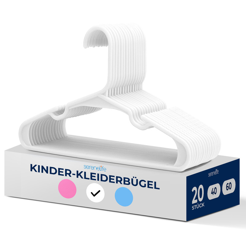 20 weiße Kinderkleiderbügel auf einem Karton mit Aufdruck.